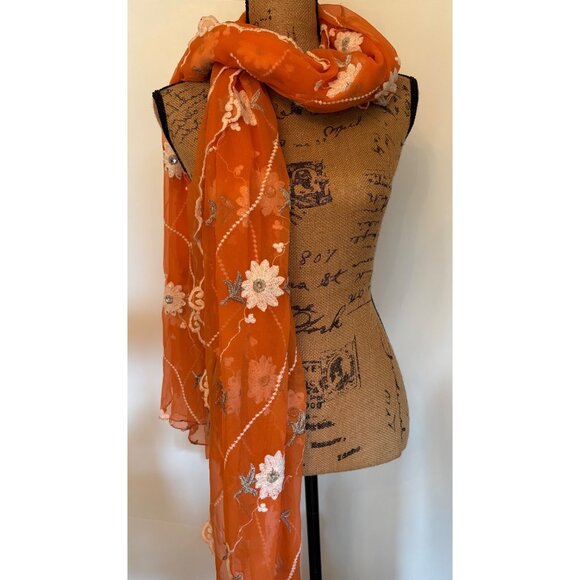 Orange Floral Embroidered Sheer Scarf Wrap Shawl - Picture 4 of 12